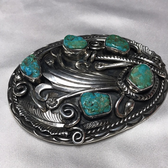 Vintage Navajo Turquoise Sterling Silver Buckle Signed VJB Violet& Jeffrey Begay - Picture 4 of 8